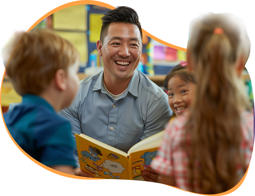 Um professor lendo livro em sala de aula com os alunos